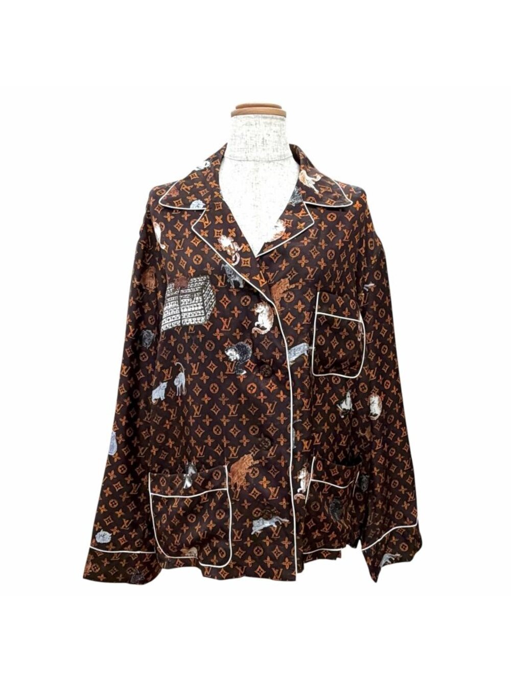 Louis Vuitton Silk 100% Cat Glam Print Cat Long Sleeve Shirt Brown 42